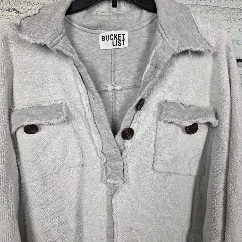Bucket List M Gray Raw Hem Button Front Top - image 2